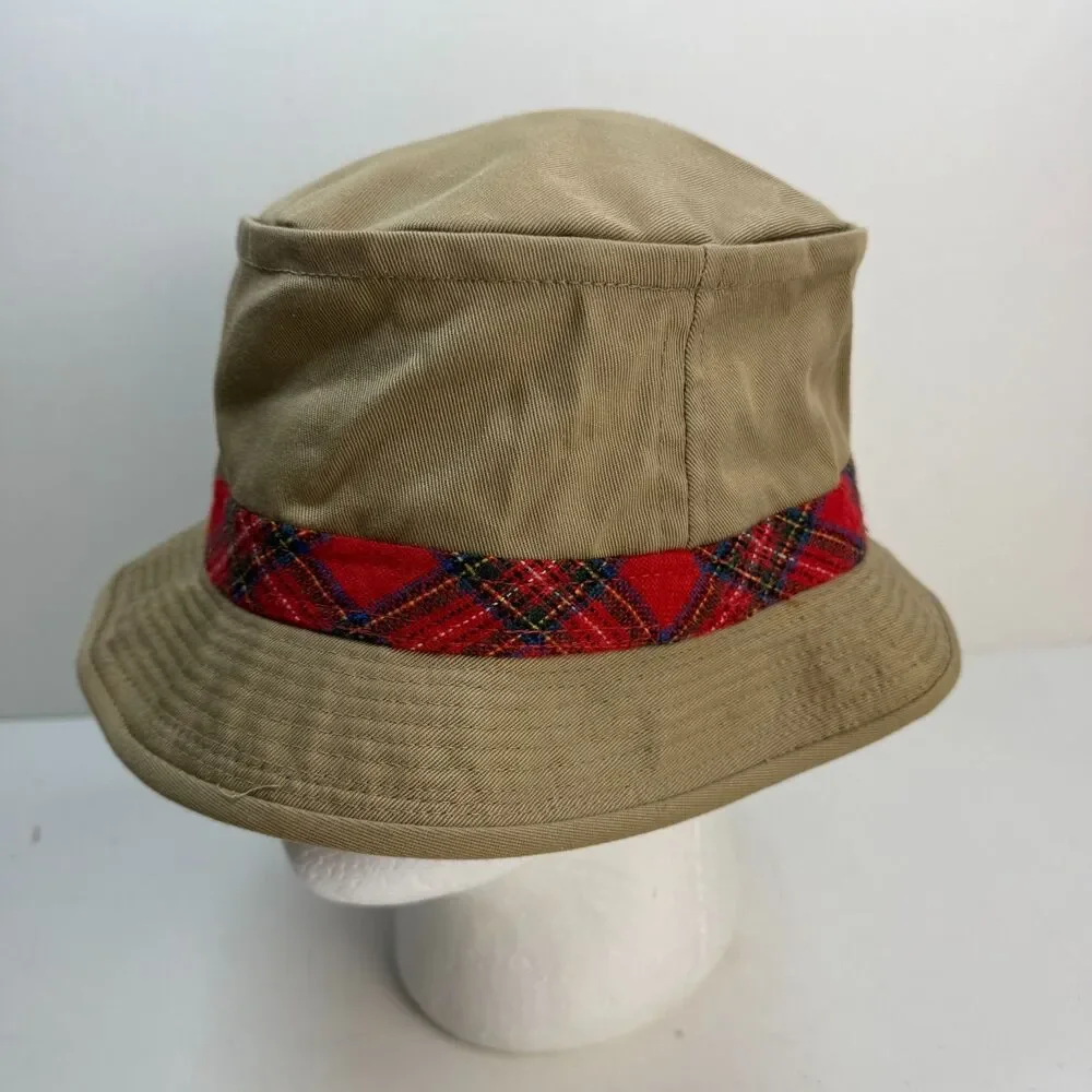 Vintage LL Bean Bucket Hat Size 7 1/2 Made in USA Union Plaid Tan Beige